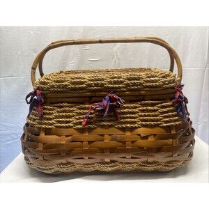 Vintage Wicker Picnic Time Picnic Basket w/ Matching Blanket & Bottle Koozie EUC